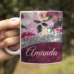 Taza De Café Burgundy floral rosa plateado monograma falso de p