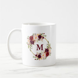 Taza De Café Burgundy Floral Watercolor Gold Circo Monograma B