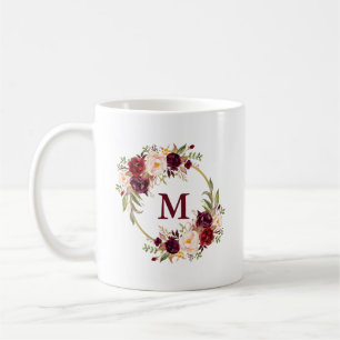 Taza De Café Burgundy Floral Watercolor Gold Circo Monograma B