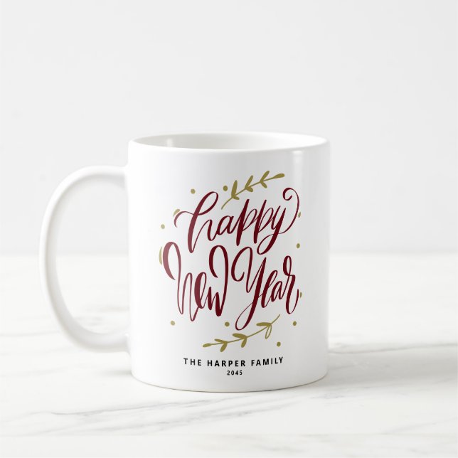 Taza De Café Burgundy Happy New Year Modern Calligraphy Wreath (Izquierda)