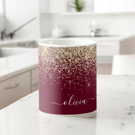 Taza De Café Burgundy Oro Glitter Monograma Glam Femenina