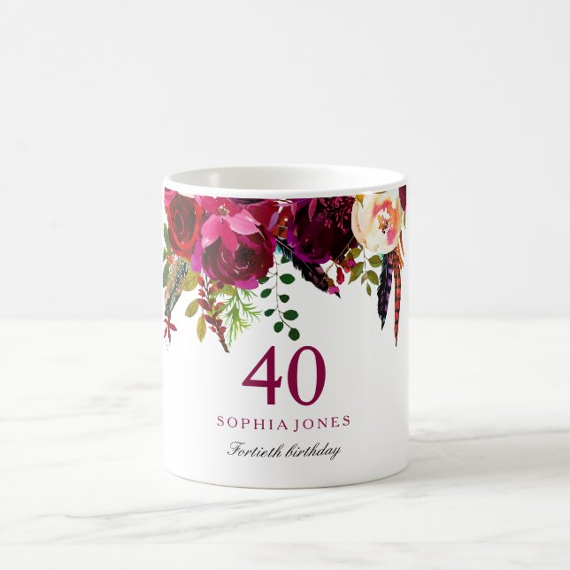 Taza De Café Burgundy Pink Floral 40th Birthday Guest Gift (Centro)