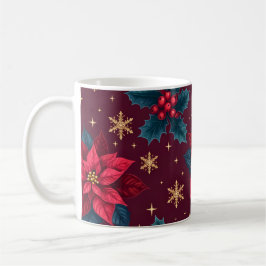 Taza De Café Burgundy Poinsettia & Gold Snowflake 