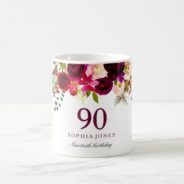 Taza De Café Burgundy Red Floral Boho 90th Birthday Party (Centro)