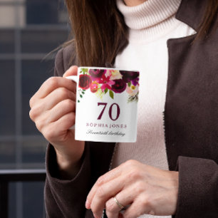 Taza De Café Burgundy Red Floral Boho regalo de cumpleaños 70
