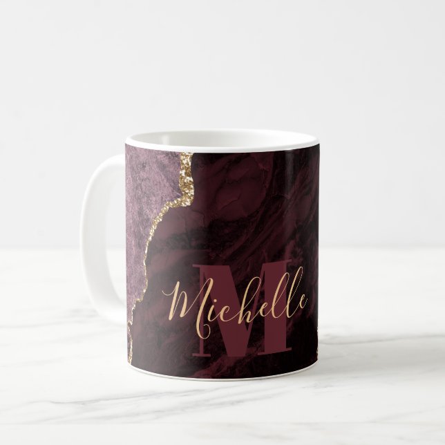 Taza De Café Burgundy Red & Gold Faux Purpurina Marble Agate (Anverso izquierdo)
