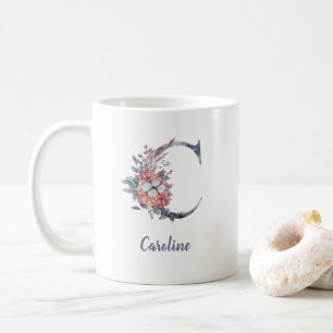 Taza de café C con monograma floral azul personali