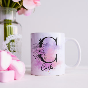 Taza De Café C de Monograma de Letra Negra Floral Rosa Púrpura