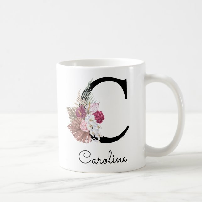 Taza De Café C inicial floral Boho rosa moderno (Derecha)