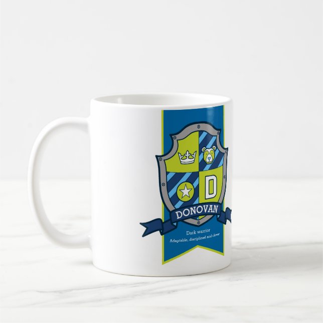 Taza De Café Caballero Donovan escudo azul verde nombre del oso (Izquierda)