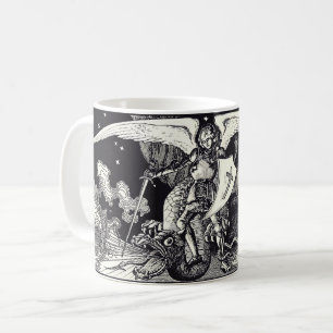 Taza De Café Caballero medieval y dragón negro y blanco