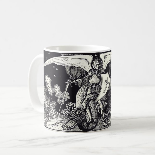 Taza De Café Caballero medieval y dragón negro y blanco (Anverso izquierdo)
