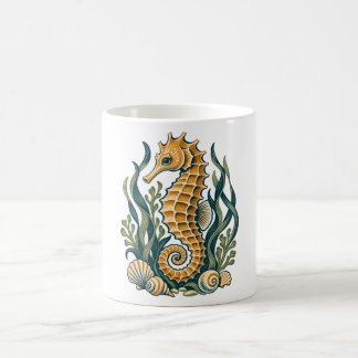 Taza De Café Caballito de mar dorado con hierba marina y concha
