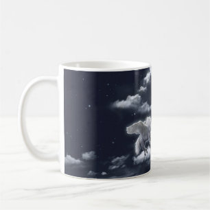 Taza De Café Caballo alado blanco volando en el cielo con luna