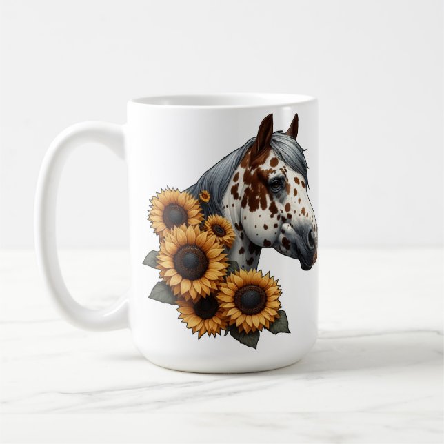 Taza De Café Caballo Appaloosa de castaño con girasoles (Izquierda)
