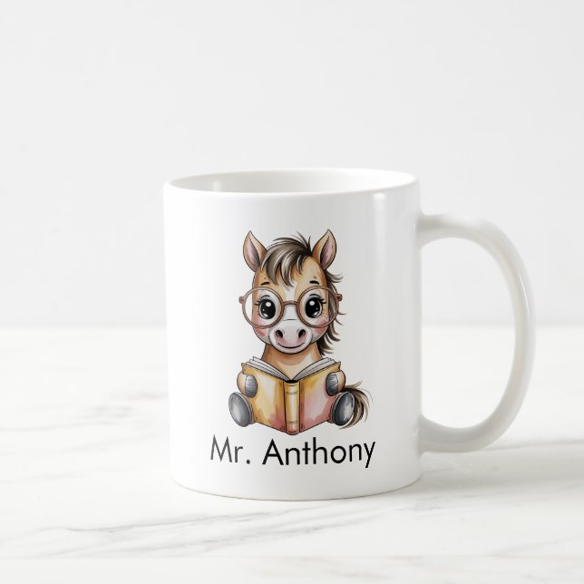 Taza De Café Caballo bebé lindo personalizado leyendo un libro (Derecha)