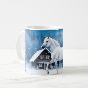 Taza De Café Caballo blanco en bosque invernal