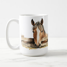 TAZA DE CAFÉ CABALLO BLANCO Y MARRÓN ADORABLE SOBRE LA FENSA
