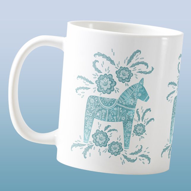 Taza De Café Caballo de dala sueco Verde azulado café verde taz (Swedish Dala Horse folk art coffee mug)