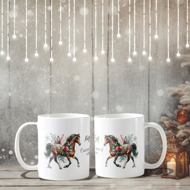 Taza De Café Caballo De Invierno Con Flores (Enjoy this Festive Christmas design! Customize with your favorite holiday event or greeting. )