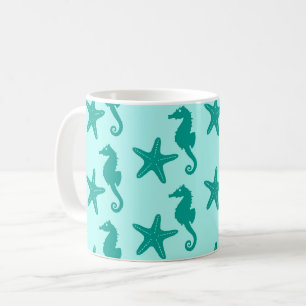 Taza De Café Caballo de mar y pez estrella - turquesa y aqua