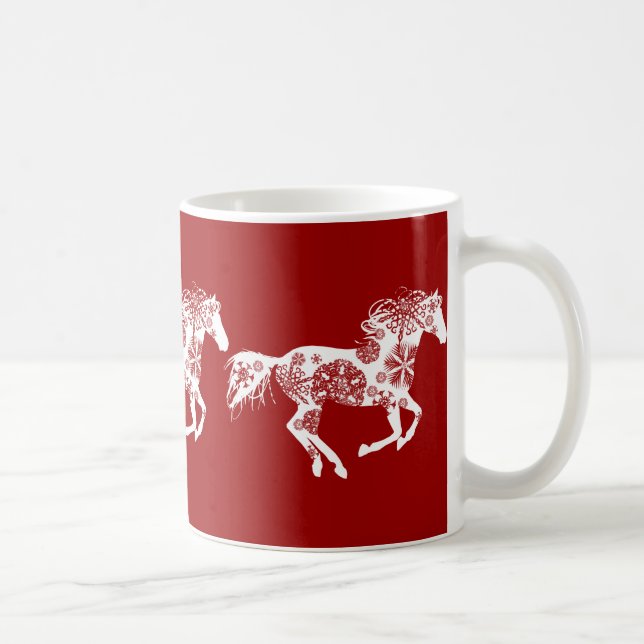 Taza De Café Caballo de Navidades de copos de nieve rojos y bla (Derecha)
