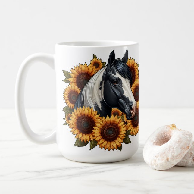 Taza De Café Caballo de pintura negra y blanca con girasoles (Con donut)