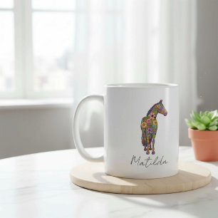 Taza De Café Caballo de silueta floral personalizada