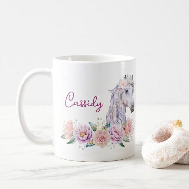 Taza De Café Caballo floral con nombre (Con donut)