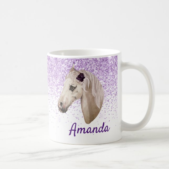 Taza De Café Caballo Lover Monograma Purpurina Mira púrpura (Derecha)