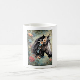 Taza De Café Caballo marrón en flores.