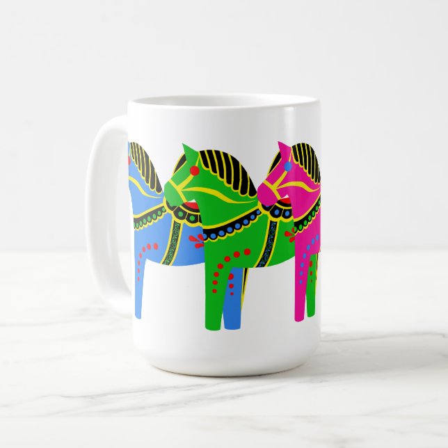 Taza De Café Caballo rojo/azul/rosa/verde nórdico folk dala (Anverso izquierdo)