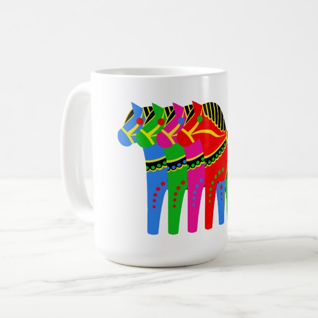 Taza De Café Caballo rojo/azul/rosa/verde nórdico folk dala (Anverso izquierdo)