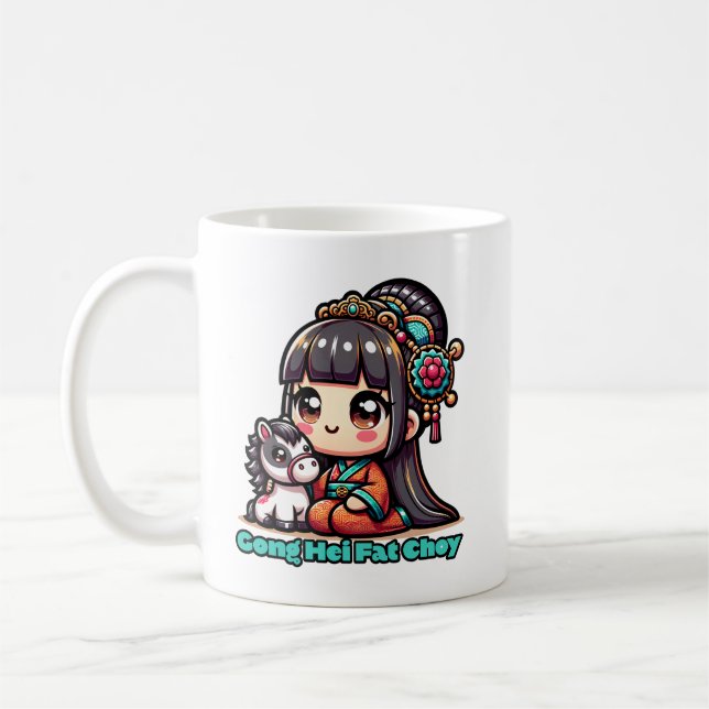 Taza De Café Caballo y Chica del Año Nuevo chino Kawaii (Izquierda)