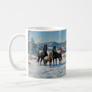 Taza De Café Caballos Appaloosa negros en una granja en inviern