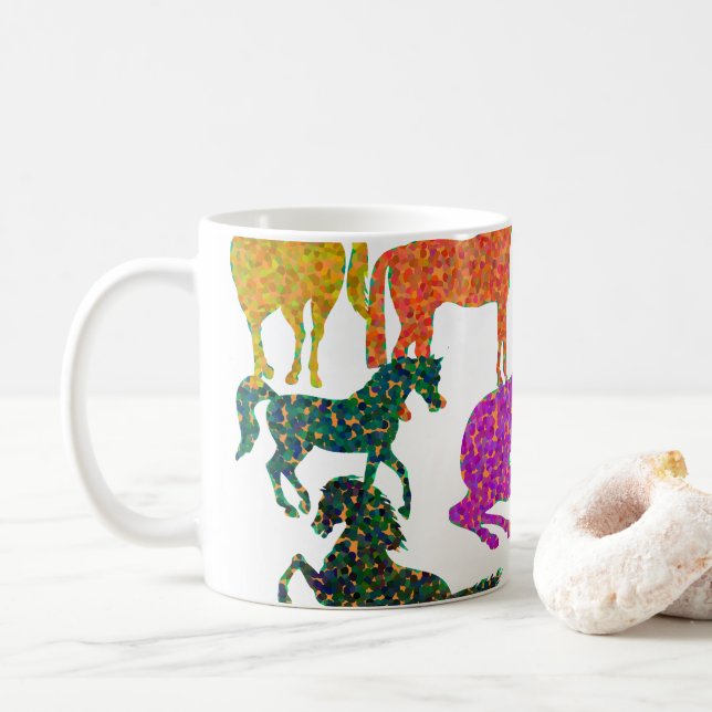 Taza De Café Caballos arco iris - "¡Tonto por caballos!" (Con donut)