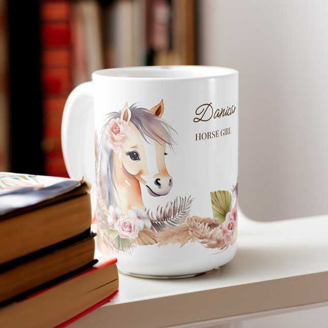 Taza De Café Caballos pony regalos con temática beige flores de (Horses pony themed gifts beige cute horse flowers coffee mug horse gifts for girls)