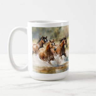 Taza De Café Caballos Salvajes Corriendo Marrón Negro Acuarela