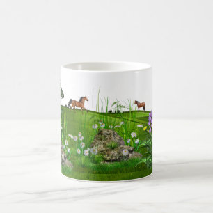 Taza De Café Caballos y ciervos en el prado