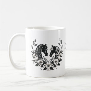 Taza De Café Caballos y flores negras y blancas