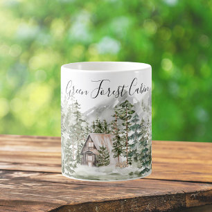 Taza De Café Cabaña de acuarela en el bosque verde de pinos