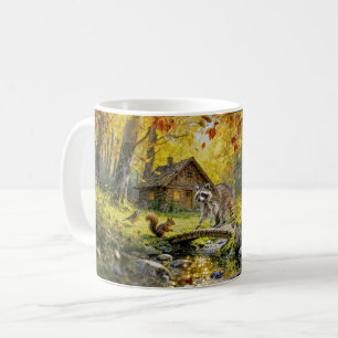 Taza De Café Cabaña de bosque otoñal con animales del bosque y