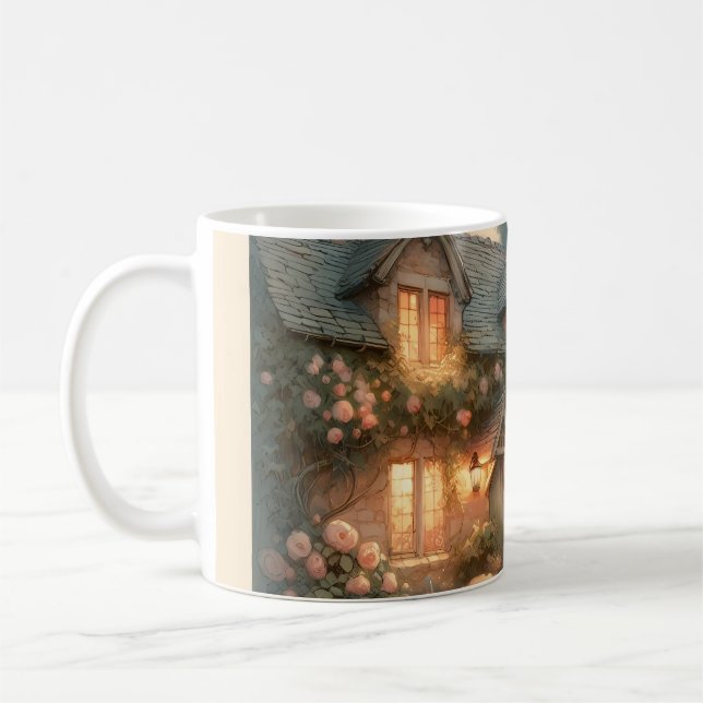 Taza De Café Cabaña de cuento de hadas al atardecer con Rosas (Izquierda)
