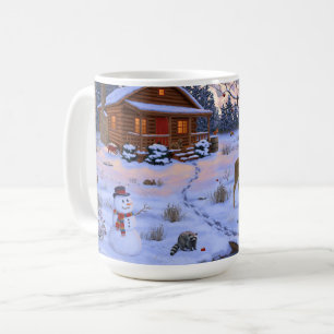 Taza De Café Cabaña de invierno ciervo en la escena de Navidad