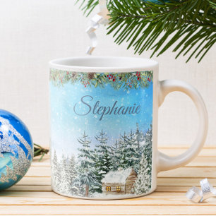 Taza De Café Cabaña de invierno en el bosque Navidad personaliz