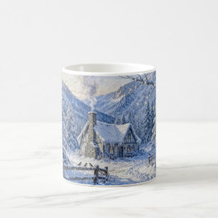 Taza De Café Cabaña de montaña nevada con humo y pintura de pin