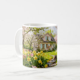 Taza De Café Cabaña de primavera con abejas, erizo y flores en 