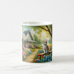 Taza De Café Cabaña de primavera/jardín y gato