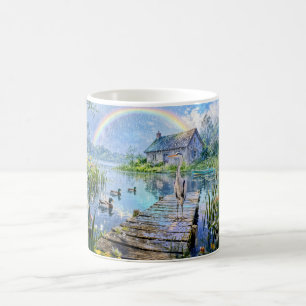 Taza De Café Cabaña del Arcoíris con Patos, Garza y Arroyo del 