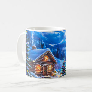Taza De Café Cabaña en Noche de Luna de Navidad Invernal con Ni